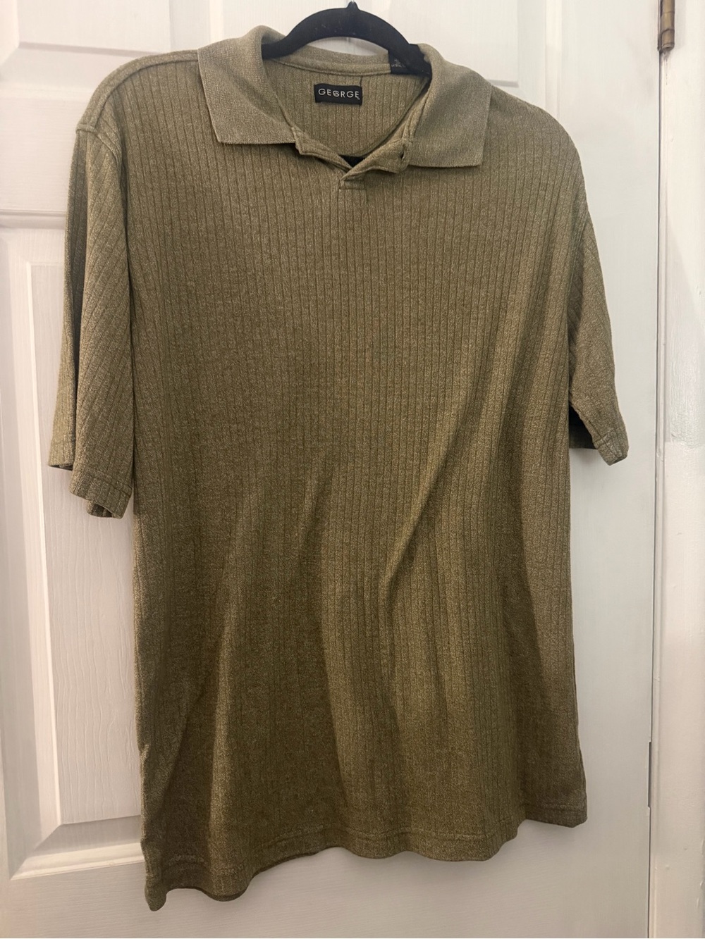 George Men’s Ribbed Knit Open Collar Polo Shirt Olive Brown Medium